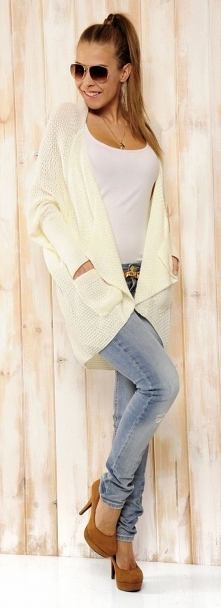 CHARLIZE Stylowy kardigan narzutka z kieszeniami ekri