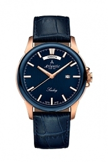 Atlantic 69550.44.51.RP męski zegarek szwajcarski zasilany mechanizmem kwarcowym. Wykonany ze stali szlachetnej w kolorze złotym na skórzanym, niebieskim pasku. Kopertę zdobi ni...