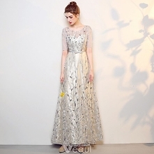 Piękne Srebrny Sukienki Na Bal 2017 Princessa Przebili Wycięciem 1/2 Rękawy Cekiny Haftowane Długie Sukienki Wizytowe