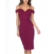 Fioletowa ołówkowa sukienka midi z ciekawym dekoltem