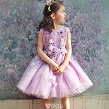 Piękne Kościół Sukienki Na Wesele 2017 Sukienki Dla Dziewczynek Liliowy Suknia Balowa Długość Kostki Wycięciem Kótkie Rękawy Perła