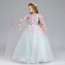 Piękne Niebieskie Cukierki Różowy Sukienki Dla Dziewczynek 2017 Suknia Balowa V-Szyja Bez Rękawów Aplikacje Motyl Cekiny Długie Wzburzyć Sukienki Na Wesele