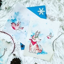 Kartka handmade z motywem pieska i ptaszka, malowana akwarelami :)