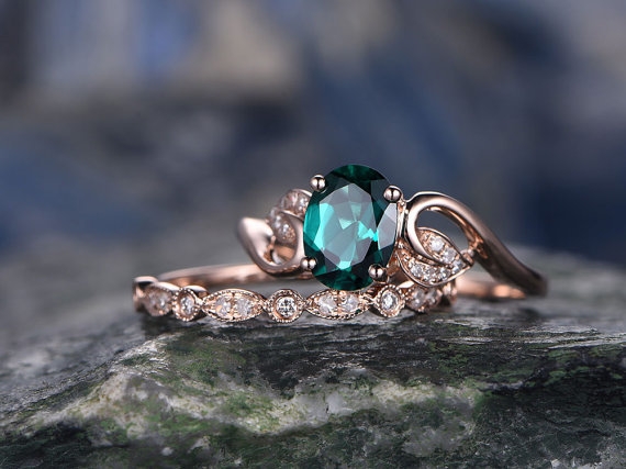 Emerald engagement ring SET-Solid 14k Rose gold-handmade Diamond ring-2pcs floral Wedding ring set-6x8mm Oval shape gemstone promise ring