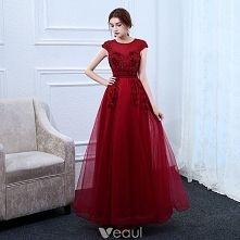 Piękne Burgund Sukienki Wieczorowe 2018 Princessa Wycięciem Rękawy z Kapturkiem Aplikacje Kwiat Perła Rhinestone Szarfa Długość Kostki Wzburzyć Bez Pleców Sukienki Wizytowe