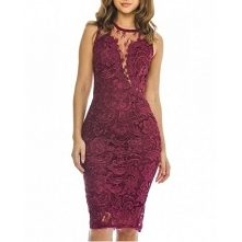 Ekskluzywna bordowa koronkowa sukienka midi z siateczką