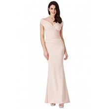 Beżowa długa sukienka na wesele z efektownym marszczeniem w talii