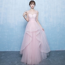 Piękne Rumieniąc Różowy Sukienki Na Bal 2018 Princessa Frezowanie Kaskadowe Falbany Wycięciem Bez Rękawów Długie Bal Sukienki Wizytowe