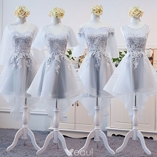 Wysoka Niska Szary Przezroczyste Lato Sukienki Dla Druhen 2018 Princessa Aplikacje Z Koronki Asymetryczny Wzburzyć Bez Pleców Sukienki Na Wesele