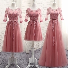 Piękne Cukierki Różowy Przezroczyste Sukienki Dla Druhen 2018 Princessa Wycięciem 1/2 Rękawy Aplikacje Z Koronki Kokarda Szarfa Wzburzyć Bez Pleców Sukienki Na Wesele