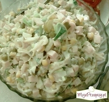 SAŁATKA IMIENINOWA

Skład:
por 2 szt
kukurydza 1 puszka
groszek 1 puszka
szynka 20 dkg
jajko 2 szt
ogórek kiszony 2 szt
majonez 4 łyżki

Jajko ugotować na twardo, pokroić. Szynk...