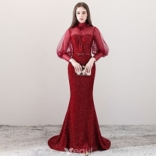 Bling Bling Burgund Przezroczyste Sukienki Wieczorowe 2018 Princessa Wysokiej Szyi Długie Rękawy Frezowanie Kokarda Szarfa Trenem Sąd Sukienki Wizytowe