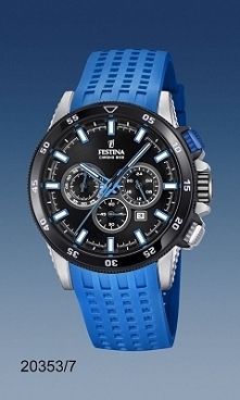 Festina 20353/7 męski zegarek zasilany kwarcowym mechanizmem. Do stalowej koperty  przymocowano niebieski pasek z tworzywa.  Wodoodporność klaruje się w 100 metrach, co daje moż...