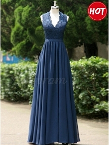 A-line V Neck Open Back Dark Blue Prom/Bridesmaid Dress with Lace Pleats