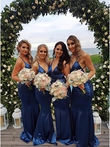 Mermaid V-Neck Backless Sweep Train Dark Blue Bridesmaid Dress with Ruched