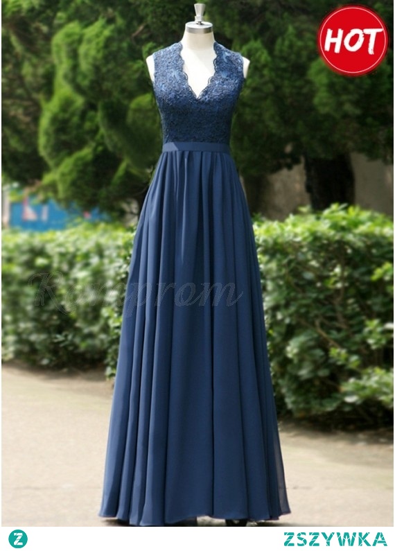A-line V Neck Open Back Dark Blue Prom/Bridesmaid Dress with Lace Pleats