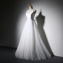 Proste / Simple Kość Słoniowa Suknie Ślubne 2018 Princessa Kokarda Spaghetti Pasy Bez Pleców Bez Rękawów Trenem Sweep Ślub