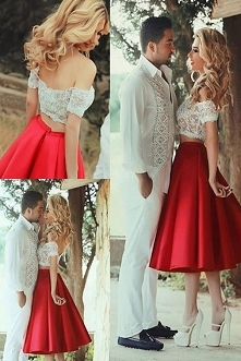 Red Off-Shoulder Two Piece White Lace Short Prom Dresses, Tea-Length Homecoming Dress M319