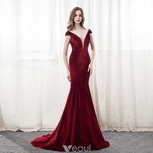 Seksowne Burgund Zamszowe Sukienki Wieczorowe 2018 Syrena / Rozkloszowane V-Szyja Rękawy z Kapturkiem Trenem Sąd Wzburzyć Bez Pleców Sukienki Wizytowe