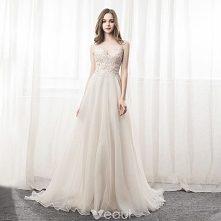 Eleganckie Szampan Organza Lato Sukienki Wieczorowe 2018 Princessa Spaghetti Pasy Kochanie Bez Rękawów Aplikacje Z Koronki Rhinestone Trenem Sąd Wzburzyć Bez Pleców Sukienki Wiz...