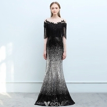 Błyszczące Czarne Gradient-Kolorów Srebrny Cekiny Sukienki Wieczorowe 2018 Syrena / Rozkloszowane Przezroczyste Kwadratowy Dekolt 3/4 Rękawy Kutas Aplikacje Z Koronki Rhinestone...