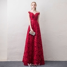 Stylowe / Modne Czerwone Przezroczyste Sukienki Wieczorowe 2018 Princessa Wycięciem Rękawy z Kapturkiem Cekinami Cekiny Frezowanie Aplikacje Z Koronki Szarfa Długie Wzburzyć Bez...