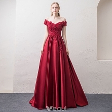 Stylowe / Modne Burgund Sukienki Wieczorowe 2018 Princessa V-Szyja Kótkie Rękawy Aplikacje Z Koronki Frezowanie Rhinestone Trenem Sweep Wzburzyć Bez Pleców Sukienki Wizytowe