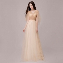 Piękne Szampan Sukienki Wieczorowe 2018 Princessa Metal Szarfa V-Szyja Bez Pleców 1/2 Rękawy Długie Sukienki Wizytowe