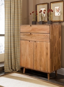 Komoda w stylu skandynawskim z szufladami i drzwiami.