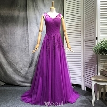 Flotte Lilla Selskabskjoler 2018 Prinsesse Beading Perle Pailletter Applikationsbroderi V-Hals Ærmeløs Retten Tog Kjoler