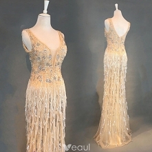 Luxus Champagne Selskabskjoler 2018 Havfrue Beading Tassel U-udskæring Halterneck Ærmeløs Lange Kjoler