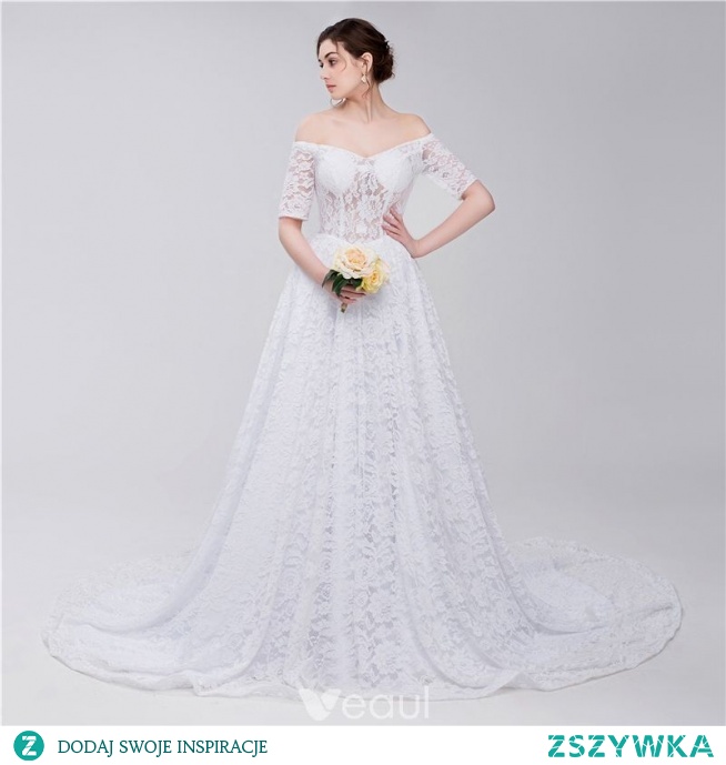 Flotte Hvide Brudekjoler 2018 Prinsesse Med Blonder Off-The-Shoulder Halterneck Kort Ærme Retten Tog Bryllup