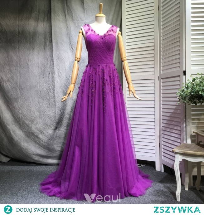 Flotte Lilla Selskabskjoler 2018 Prinsesse Beading Perle Pailletter Applikationsbroderi V-Hals Ærmeløs Retten Tog Kjoler