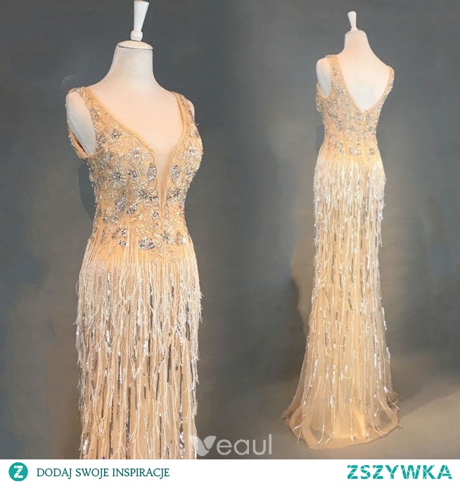 Luxus Champagne Selskabskjoler 2018 Havfrue Beading Tassel U-udskæring Halterneck Ærmeløs Lange Kjoler