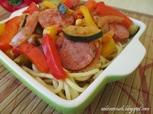 Leczo z makaronem 


    1 czerwona papryka 
    1 zielona papryka 
    1 żółta papryka 
    około 250 g kiełbasy 
    1 mała cukinia 
    2 duże cebule 
    4 pomidory lub pomi...