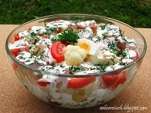 Sałatka z kalafiora i pomidorów 


    1 kalafior średniej wielkości 
    4 pomidory 
    4 jajka ugotowane na twardo 
    koperek 

sos do sałatki:

    mały jogurt naturalny (...