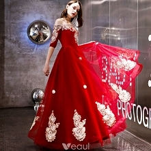 Stylowe / Modne Czerwone Sukienki Wieczorowe 2018 Princessa Aplikacje Z Koronki Przy Ramieniu 1/2 Rękawy Bez Pleców Długie Sukienki Wizytowe