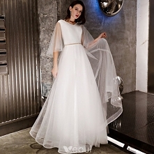 Stylowe / Modne Kość Słoniowa Sukienki Wieczorowe 2019 Princessa Rhinestone Szarfa Cekinami V-Szyja Bez Pleców 1/2 Rękawy Długie Sukienki Wizytowe