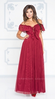 sukienkowo.com Kliknij w zdjęcie by przejść do produktu LILLY - Długa tiulowa sukienka hiszpanka wiązana bordowa