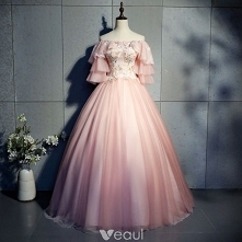 Piękne Różowy Perłowy Sukienki Na Bal 2019 Suknia Balowa Aplikacje Z Koronki Przy Ramieniu 1/2 Rękawy Bez Pleców Długie Sukienki Wizytowe