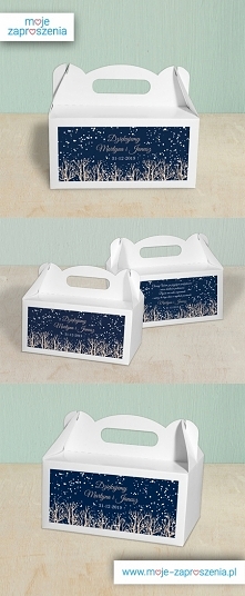 Pudełka na ciasto weselne - Śnieżna noc

Na ciemnym granatowym tle umieszczone są opadające białe płatki śniegu oraz drzewa i napisy w kolorze złotym.

W kolekcji "Śnieżna ...