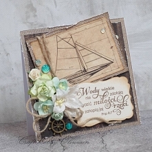 Oryginalna kartka ślubna w stylu marynistycznym, ze stemplowanym cytatem z Pieśni nad Pieśniami. Wykonana z bezkwasowych papierów do scrapbookingu, ozdobiona ryciną łodzi żaglow...