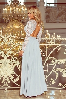 Piękna szara długa sukienka z odkrytymi plecami i długim rękawkiem. Polski producent sukienek numoco.