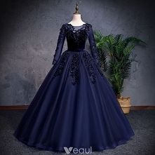 Elegant Navy Blue Prom Dresses 2019 A-Line / Princess Scoop Neck Beading Pearl Suede Flower Long Sleeve Floor-Length / Long Formal Dresses