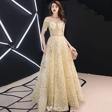 Eleganckie Złote Sukienki Wieczorowe 2019 Princessa Przy Ramieniu Cekinami Cekiny Metal Szarfa Kótkie Rękawy Bez Pleców Długie Sukienki Wizytowe