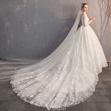 Niedrogie Kość Słoniowa Przebili Suknie Ślubne 2019 Suknia Balowa Kwadratowy Dekolt 3/4 Rękawy Bez Pleców Gwiazda Aplikacje Z Koronki Trenem Katedra