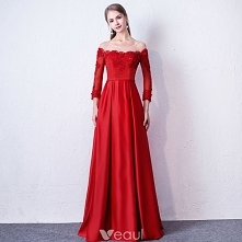 Piękne Czerwone Sukienki Wieczorowe 2019 Princessa Wycięciem Aplikacje Frezowanie Z Koronki Kwiat 3/4 Rękawy Bez Pleców Długie Sukienki Wizytowe