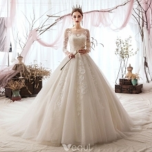 Luksusowe Szampan Suknie Ślubne 2019 Princessa Wycięciem Cekiny Z Koronki Kwiat 3/4 Rękawy Bez Pleców Trenem Katedra