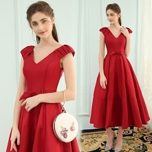 Proste / Simple Czerwone Sukienki Wieczorowe 2019 Princessa V-Szyja Kokarda Bez Rękawów Bez Pleców Długość Herbaty Sukienki Wizytowe