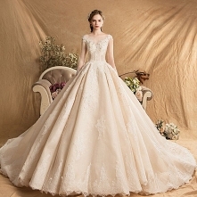 Luksusowe Szampan Suknie Ślubne 2019 Princessa Wycięciem Frezowanie Perła Rhinestone Z Koronki Kwiat Długie Rękawy Bez Pleców Trenem Katedra